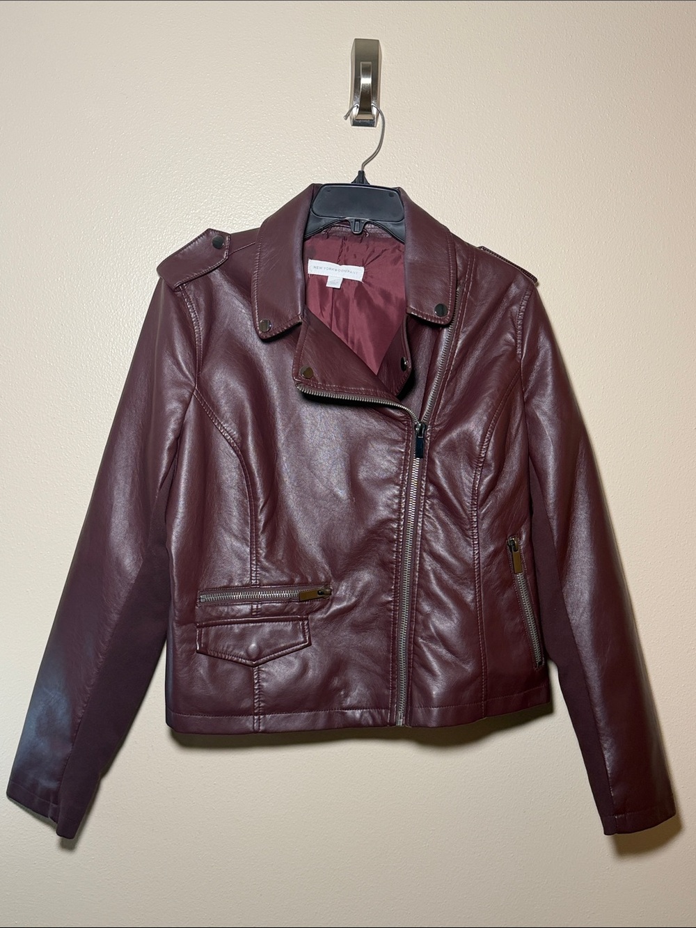 New York & Company Burgundy Faux Leather Moto Jacket